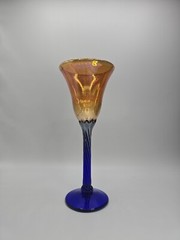 Rick Strini Art Glass Tulip Wine Goblet Iridescent Amber & Cobalt Signed