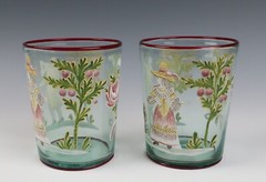 Pair Blown Enameled Glass Tumbler Cup Figures Fruit Rose German Venetian Antique