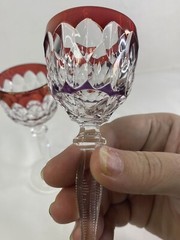 Pair Of Bohemian Crystal Cut To Clear Ruby Red And Amethyst Purple Cordial Glass