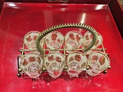 8-Mid-Century Frosted Gold Leaf Libbey Shot Glasses/Metal Spiral Handled Caddy