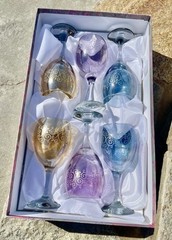 Vintage in Orig. Box, 6 Cristalleria Fratelli Fumo Etched Wine Glasses Italy