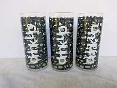 DRINK UP Retro Barware Set of 3 Highball Glasses Black & White Words 6″ NEW COND