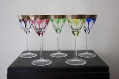 Vintage Czech Moser Crystal Wine Glass Gold Gilded Etched Logo Set of 5 Used