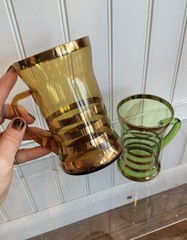 Pair Of 1960s Gold Striped Green & Amber Pint Glasses