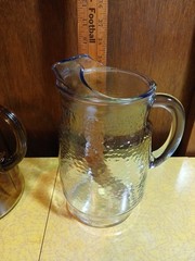 2 Libby Glass Water Pitchers Chateau Blue Sapphire Textured & Amber Optic Swirl