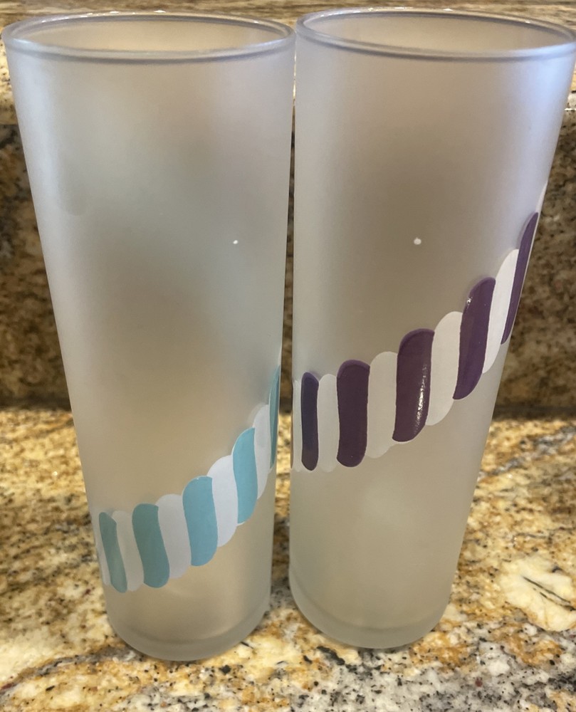 Set Of 2 Vintage Libby Frosted Candy Stripe Tom Collins Glass Tumblers 7”