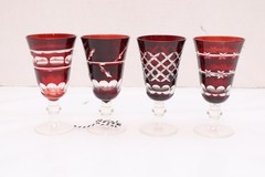 SET 4 BOHEMIAN CZECH CUT TO CLEAR CRYSTAL WATER WINE GLASSES GOBLETS RUBY RED 5″