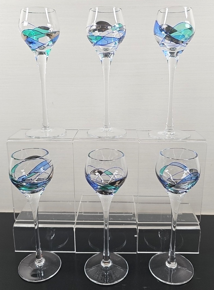 6 Mosaic Cordial Glass Set Elegant Multicolor Stained Blue Line Bar Stemware Lot