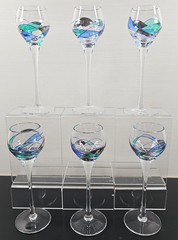 6 Mosaic Cordial Glass Set Elegant Multicolor Stained Blue Line Bar Stemware Lot