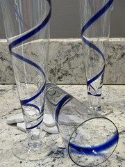 3 Pier 1 Imports Cobalt Blue Swirline Hand Blown Footed Pilsner Beer Glasses