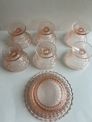 Pink Depression Glass~ Pink Jeanette Holiday Buttons & Bows 7 Piece Lot