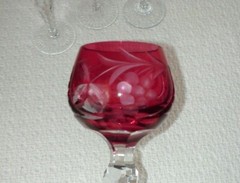 Lausitzer Cranberry Cut to Clear Crystal Cordial Glasses Grape/Leaf ~ Set of 4