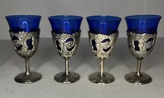 4 Cobalt Blue Silver Plate Cordial Glasses Made In Japan