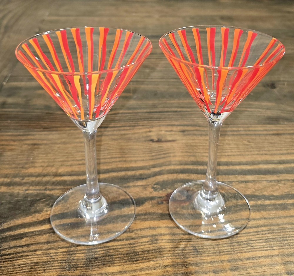 VTG Signed Cointreau Abstract Red Orange Starburst Martini Glasses Set Of 2 RARE