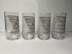 MCM Vintage Tumbler Glasses Set Teal Turquoise Grey Pink Striped Pattern