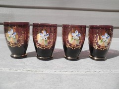4 Vintage Amethyst Czech Hand Painted Gilt & Enameled Cordials Gorgeous !