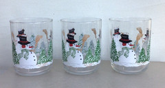 5 Libbey SNOWMAN WITH PINE TREES Winter or Christmas Lowball Old Fashioned Glass