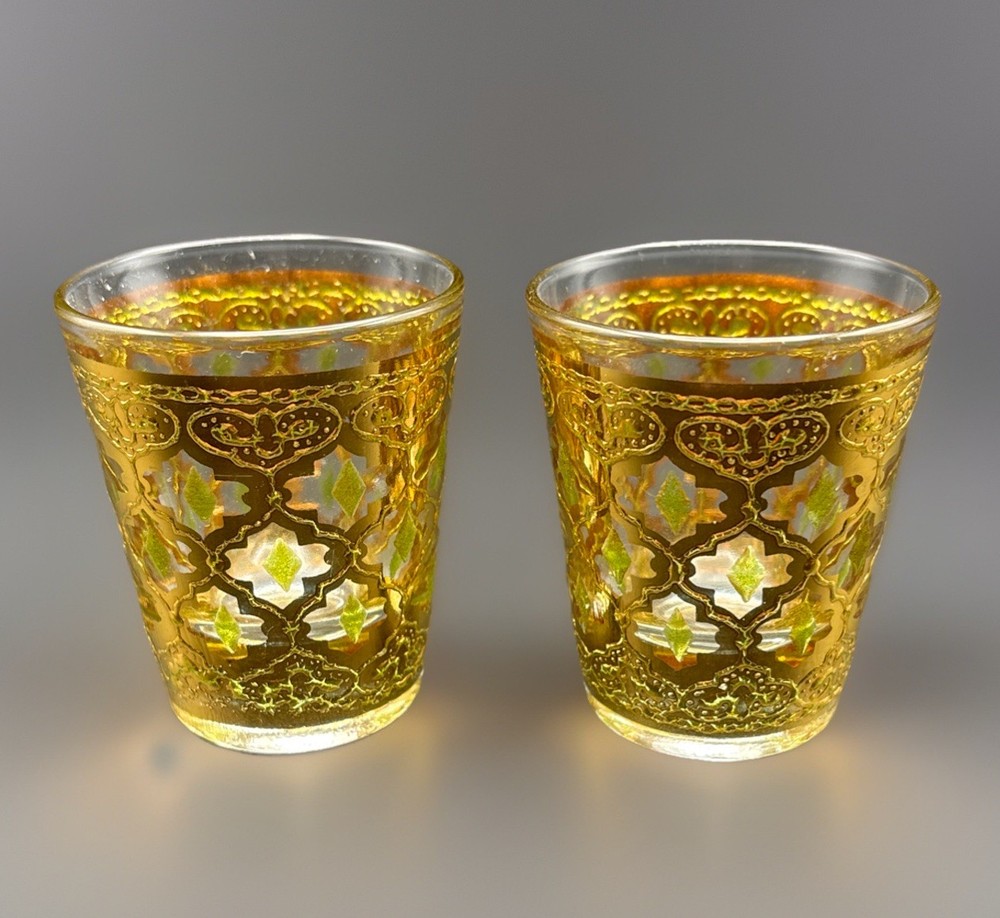 Set 2 Vintage Valencia Green 22K Gold Shot Glasses