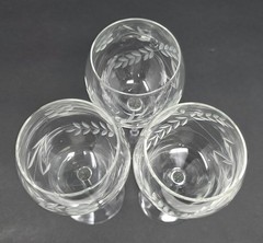 Set Of 6 Vintage Gray Cut Etched Crystal Wine Glasses With Floral Design