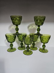 8 Bartlett Collins Bullseye Cane Wine Stemmed St Genevieve Green Rare HTF EUC