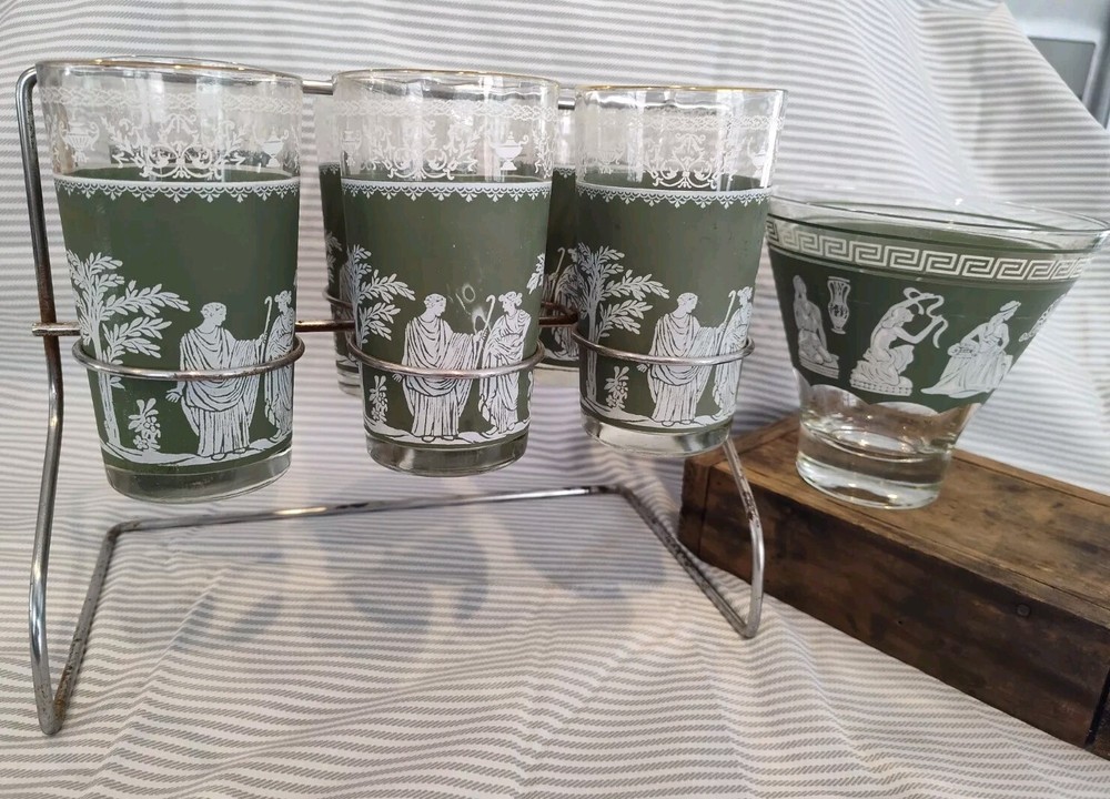 6 Vintage Wedgwood Green Jeanette Jasperware Grecian Highball Glasses & Bowl