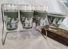 6 Vintage Wedgwood Green Jeanette Jasperware Grecian Highball Glasses & Bowl