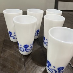 VINTAGE 6 Hazel Atlas Hazelware Blue Cornflower Daisy Milk Glass Tumbler Corning