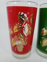 Vintage Libbey Grape Leaf Design Glasses Red Green Gold Christmas 12 oz MCM USA