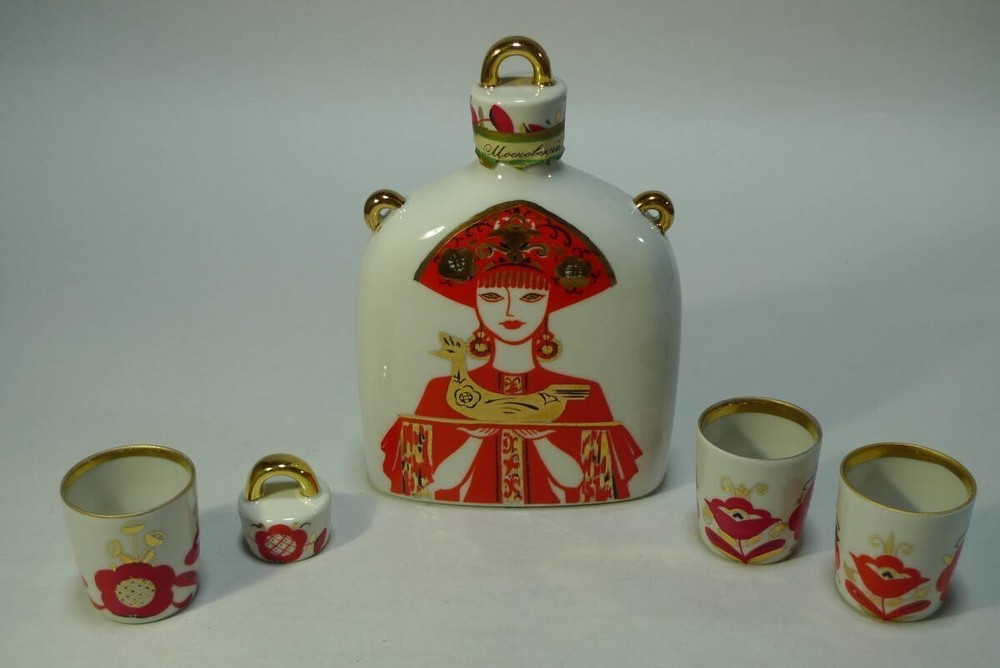 LOMONOSOV USSR Sake Set Ceramics Russian Soviet Old Stamp Gold Leaf