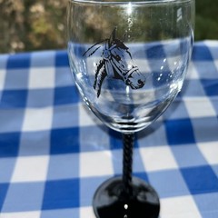 Vintage Twisted Stem Black Goblet Wine Glass Horse Decal Uniq 7 3/4”, 3” Diam.