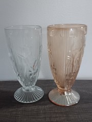 VTG Jeanette Iris & Herringbone Depression Glass Footed Tumblers Lot Of 2