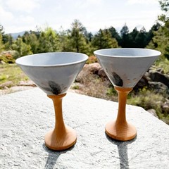 Vintage Studio Pottery Wine Goblets Ceramic Wood Stem Pair Rustic Artisan