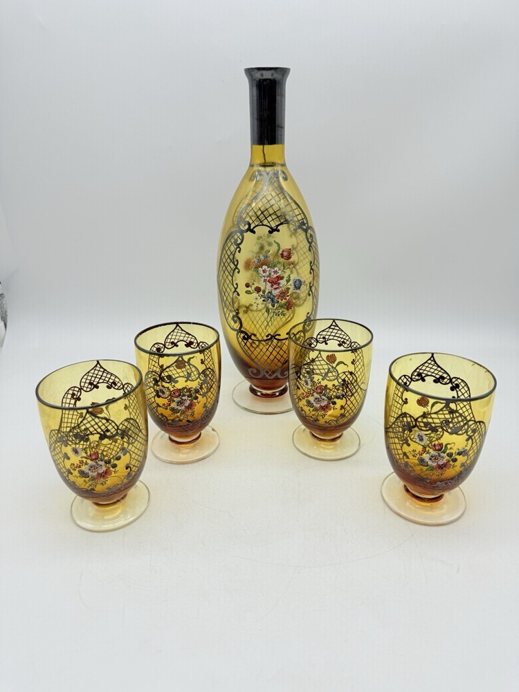 Beautiful Vintage Set of 4 Floral Wine Glasses And Decanter, Boho In Style