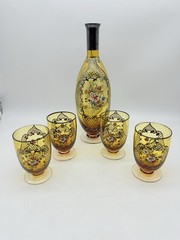 Beautiful Vintage Set of 4 Floral Wine Glasses And Decanter, Boho In Style
