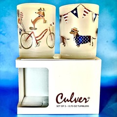 Culver Frosted Patriotic July 4th SWEATER Dachshunds Glasses Set NEW IN BOX