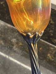 Glass Tulip Iridescent & Cobalt Blue Signed Rick Strini Wine Glasses