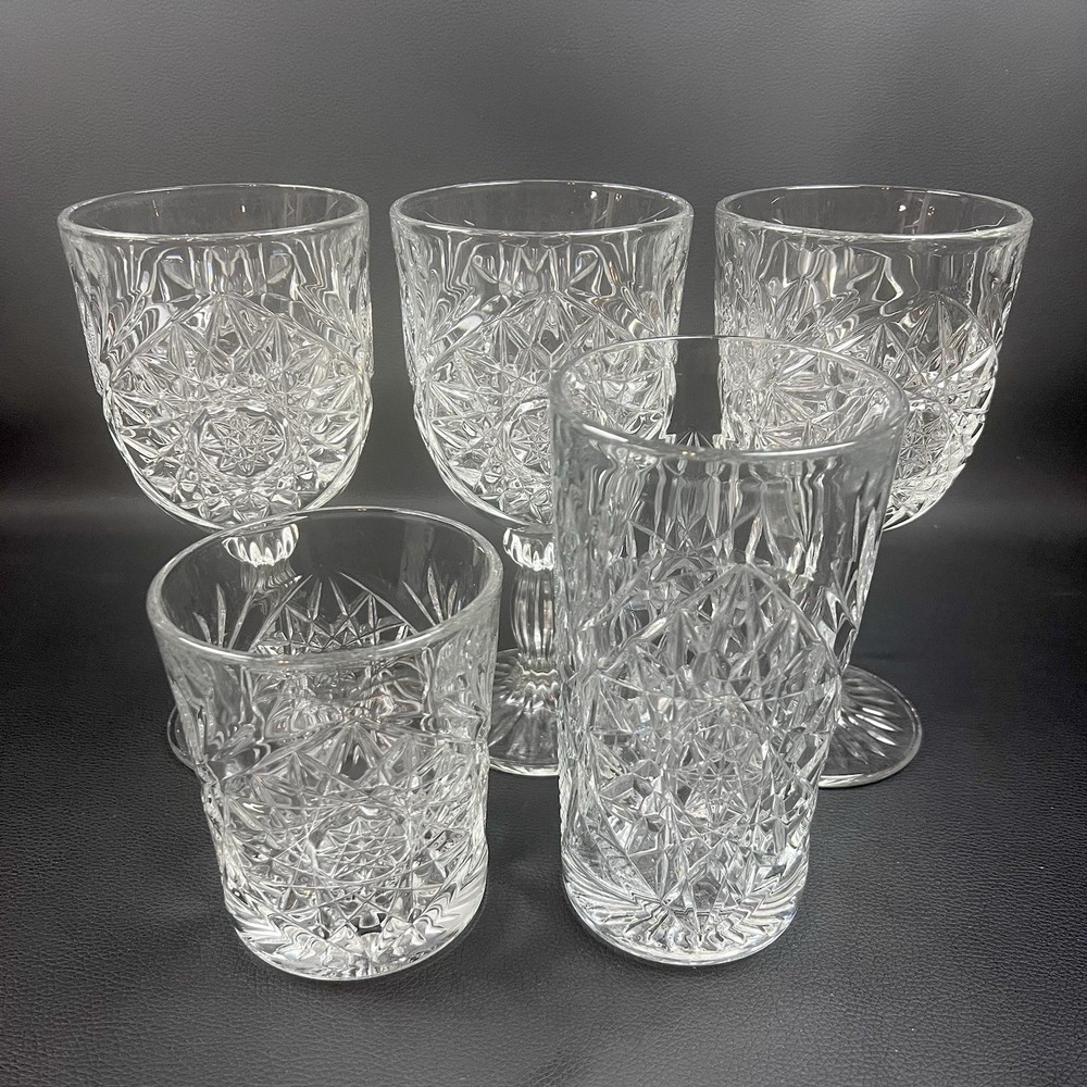 Libbey Hobstar Clear Pressed Glass 3 Stemmed Water Goblets, 1 Tumbler, 1 DOF EUC
