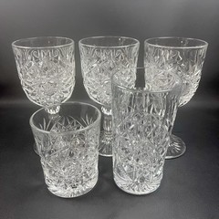Libbey Hobstar Clear Pressed Glass 3 Stemmed Water Goblets, 1 Tumbler, 1 DOF EUC