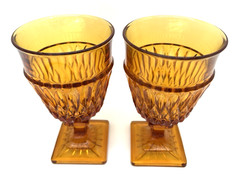 Pair of Indiana Glass Mt. Vernon Square Base Amber 6″ Goblets Cups Glasses