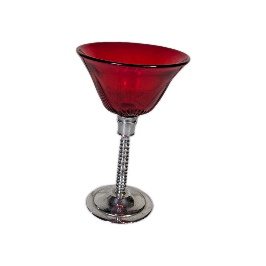 VTG Ruby Red Chrome Glasses Chromium Plated LB Cocktail Martini 5″ Stemware MCM