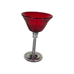 VTG Ruby Red Chrome Glasses Chromium Plated LB Cocktail Martini 5″ Stemware MCM