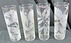 Vintage Rare Etched 4 Glasses From Arts Hawaii Honolulu, ~6” tall, by Frank Oda