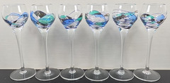 6 Mosaic Cordial Glass Set Elegant Multicolor Stained Blue Line Bar Stemware Lot