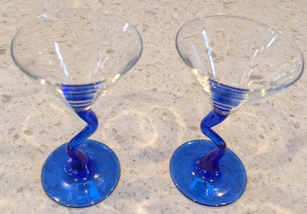 2 Libbey Cobalt Blue Swerve Zig-Zag Stem Cocktail Glasses MCM Style Courbe MCM