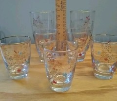 7-Mid Century Retro Pink Turquoise Gold Floral Barware 2 Tall & 5 Short, Rare