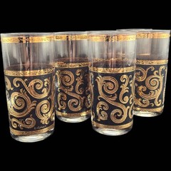Vintage Culver Toledo 22kt Gold & Black Highball Glasses Set of 6