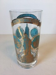 Vtg New York City Souvenir Glass Tumbler Statue Liberty Empire State Gold Blue