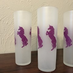 Vintage 80s Libby Frosted Purple Unicorn Tom Collins Glasses Set Of 5 Whimsical