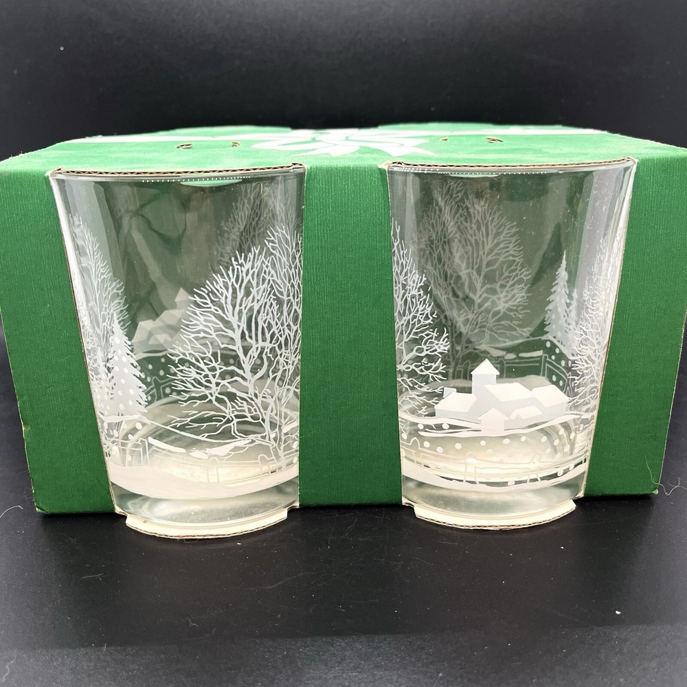 Vtg Set 4 Libbey Winter White Frosted Pine Trees Lowball Drink Glasses Christmas