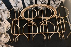 8 VTG Federal WH Painted Fruit goldtrim Glasses Tumblers&Caddy wire Gold handle